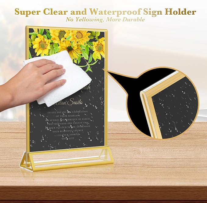 Acrylic Gold Sign Holders 5x7, 12 Pack Wedding Gold Table Number Holders, Double Sided Photo Display Picture Frame Paper Stand, Clear Flyer Stand Menu Holder for Wedding, Home, Party, Restaurant