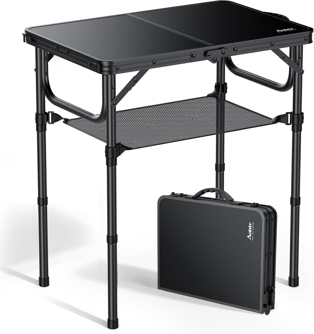 Anbte 2ft Folding Camping Table, 3 Adjustable Heights Small Folding Table | Aluminum Lightweight Folding Table, with Portable Handle & Storage Net, for Camp Beach Travel Fishing Outdoor, 23"x16", Black