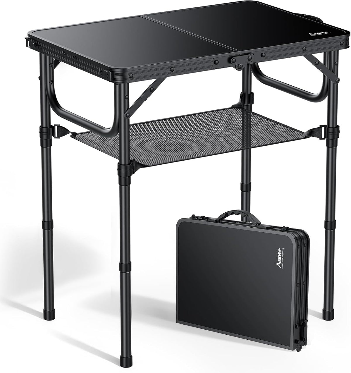 Anbte 2ft Folding Camping Table, 3 Adjustable Heights Small Folding Table | Aluminum Lightweight Folding Table, with Portable Handle & Storage Net, for Camp Beach Travel Fishing Outdoor, 23"x16", Black
