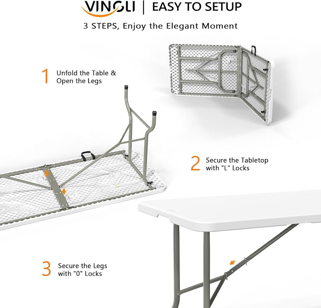 VINGLI 6-Foot Portable Plastic Folding Table,Rectangular HDPE Tabletop Foling Table for Indoor and Outdoor Use with Carrying Handle,White 2 Pack