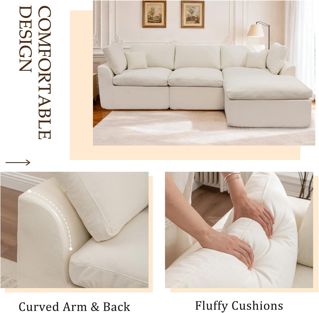 Korser 110" Cloud Sectional Couches for Living Room, Modern Modular Sectional Sofa with Ottoman, Cloud Couch with Comfy Deep Seats, Fluffy Chenille L-Shape Sofa Couch for Living Room, Beige