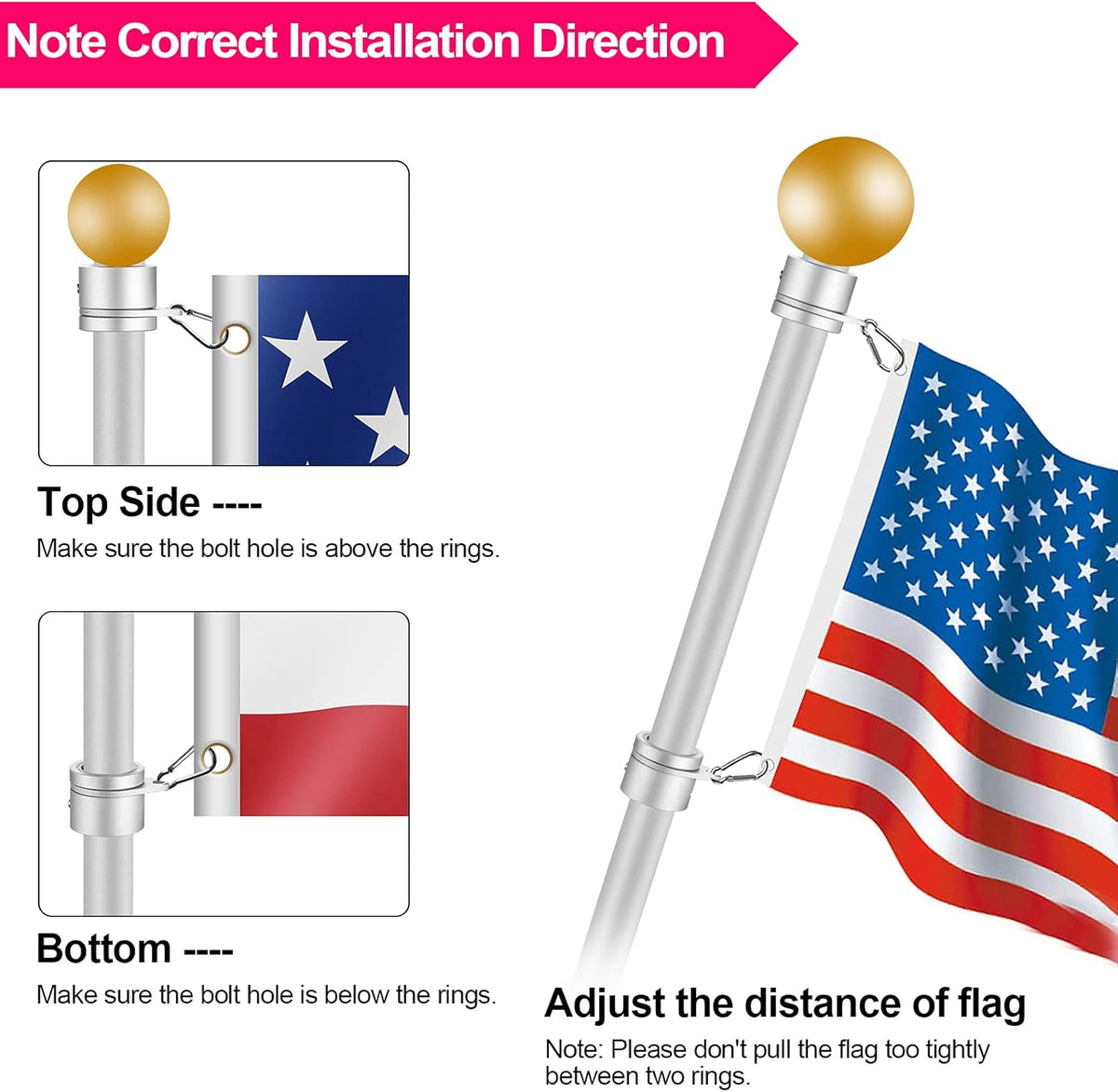 1" Flag Pole Rings, 2 Pcs Anti Wrap Flag Pole Clips Swivels, 360° Rotating Flagpole Flag Mounting Rings, Aluminum Alloy Spinning Flag Pole Kit Parts for 0.75-1.02" Diameter (1 Inch, Silver)