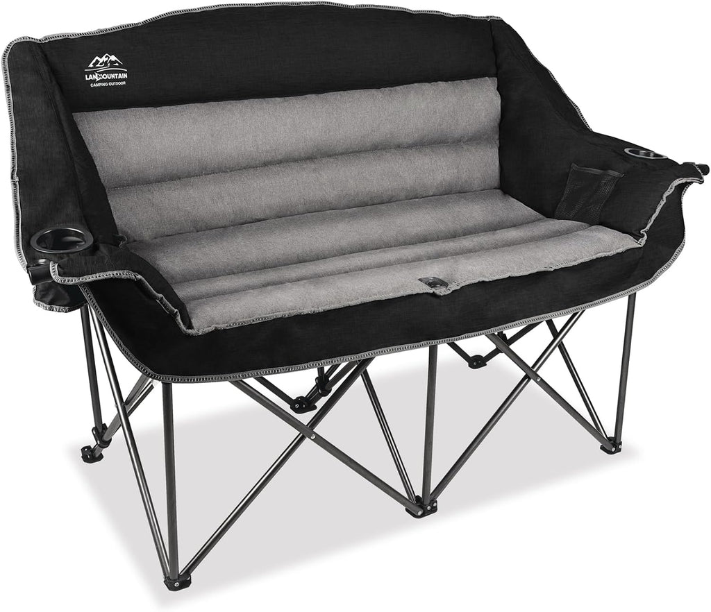 Fully Padded Folding Double Camping Chairs,Comfy Oversized Loveseat Lawn Chair w/Wine Glass Holder,Cup Holder,Heavy Duty Outdoor Portable Camp Couch Support 600 Lbs,Black