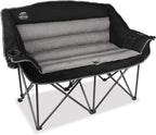 Fully Padded Folding Double Camping Chairs,Comfy Oversized Loveseat Lawn Chair w/Wine Glass Holder,Cup Holder,Heavy Duty Outdoor Portable Camp Couch Support 600 Lbs,Black