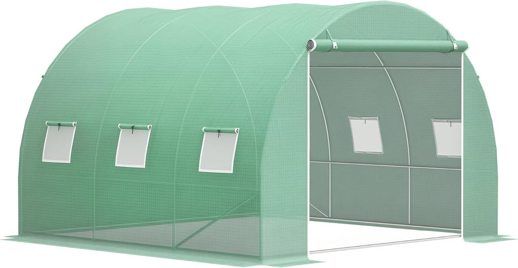 Outsunny 10' x 10' x 6.5' Walk-in Tunnel Hoop Greenhouse, Polyethylene PE Cover, Steel Frame, Roll-Up Zipper Door & Windows for Flowers, Vegetables, Tropical Plants, Green