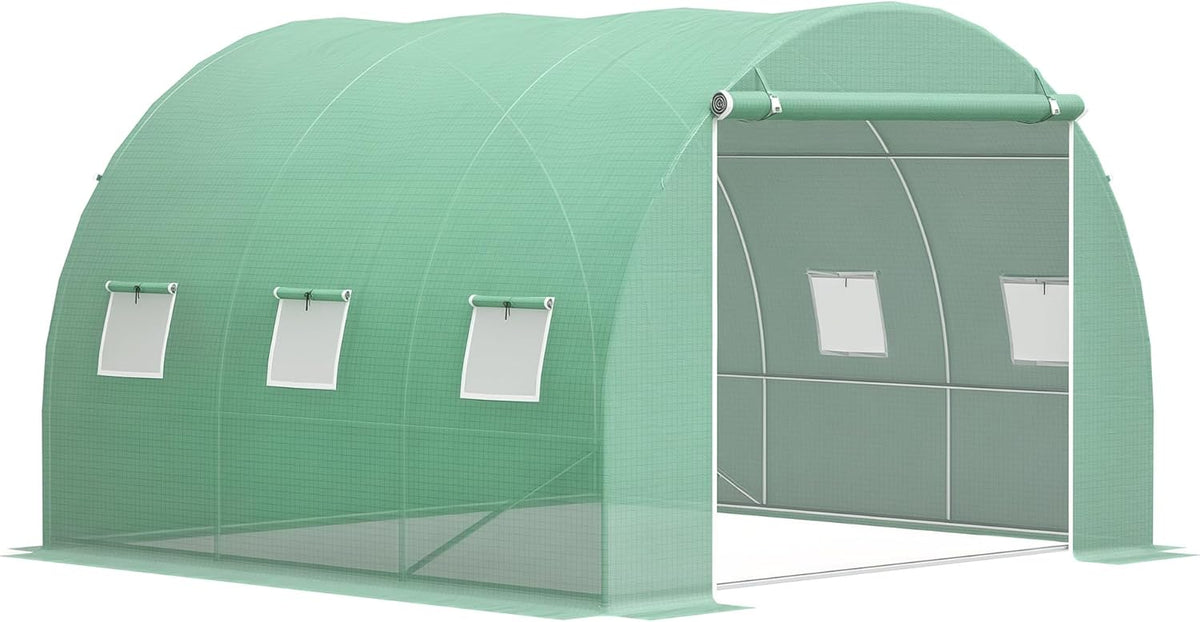 Outsunny 10' x 10' x 6.5' Walk-in Tunnel Hoop Greenhouse, Polyethylene PE Cover, Steel Frame, Roll-Up Zipper Door & Windows for Flowers, Vegetables, Tropical Plants, Green