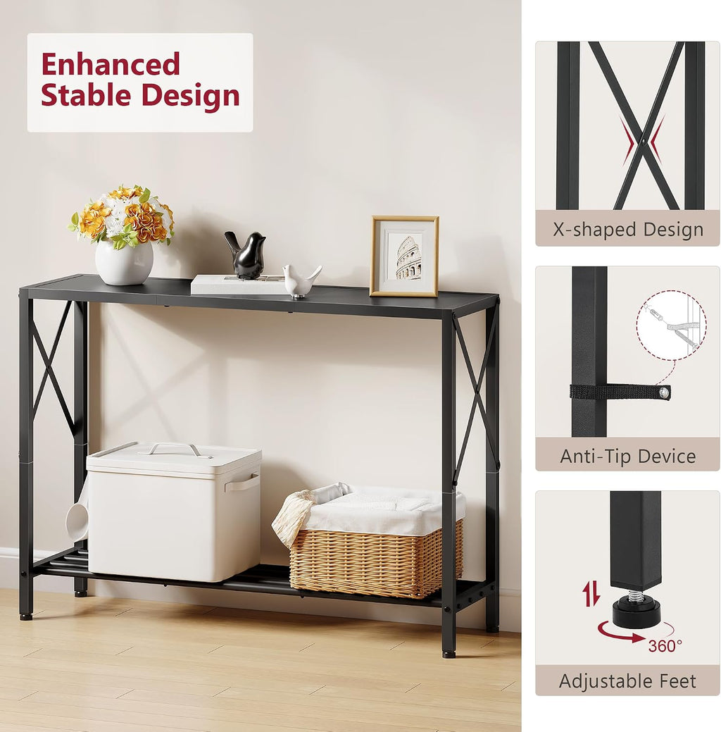 Tajsoon Console Table 41.8", 2 Tier Narrow Entryway Table with Shelves | Black Sofa Table with Stable X-Frame, Behind The Couch, for Entryway, Hallway, Entrance, Living Room, Foyer, Office, Black