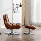 BESTANO Swivel Accent Chair with Ottoman, Mid Century Modern Faux Leather Lounge Chair with footrest, Comfy Oversized Armchair with 360 Degree Metal Base for Living Room Bedroom, Brown