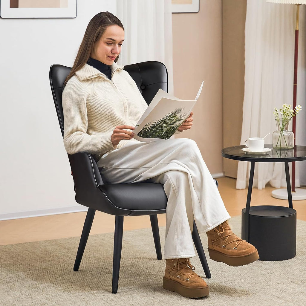 Furniliving PU Leather Accent Chair for Living Room, Upholstered Reading Chair with High Backrest, Tufted-Button Wingback Armchair for Bedroom, Dressing Room, Home Office, Black