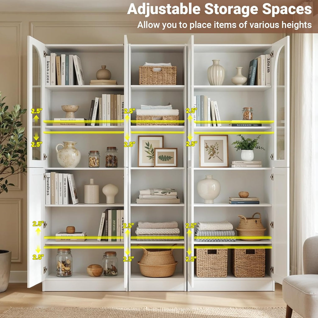 Cyclysio 80" Tall Pantry System with 4 Tempered Glass Doors, Arched Corner Pantries with 6-Tier Open Shelves, Wooden Cupboard Storage Organizer with Baseboard Cutout for Living Room