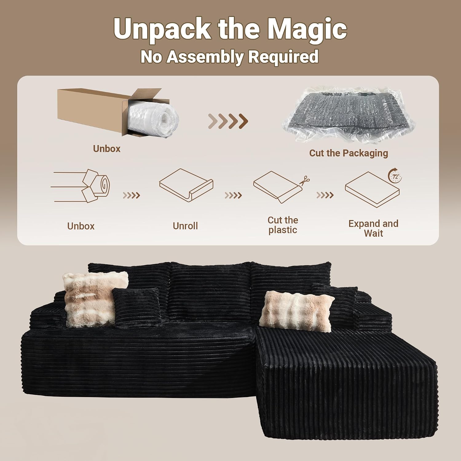 96" Cloud Sectional Couches for Living Room, L Shaped Couch with Deep Seat, Memory Foam Sofa in A Box No Assembly Required, Black