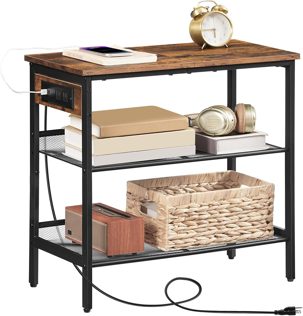 HOOBRO End Table, 3-Tier Narrow Side Table with Charging Station, Nightstand with 2 Flat or Slant Adjustable Shelves for Small Spaces, Living Room, Bedroom, Rustic Brown and Black BF23UBZ01G1