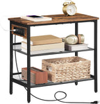 HOOBRO End Table, 3-Tier Narrow Side Table with Charging Station, Nightstand with 2 Flat or Slant Adjustable Shelves for Small Spaces, Living Room, Bedroom, Rustic Brown and Black BF23UBZ01G1