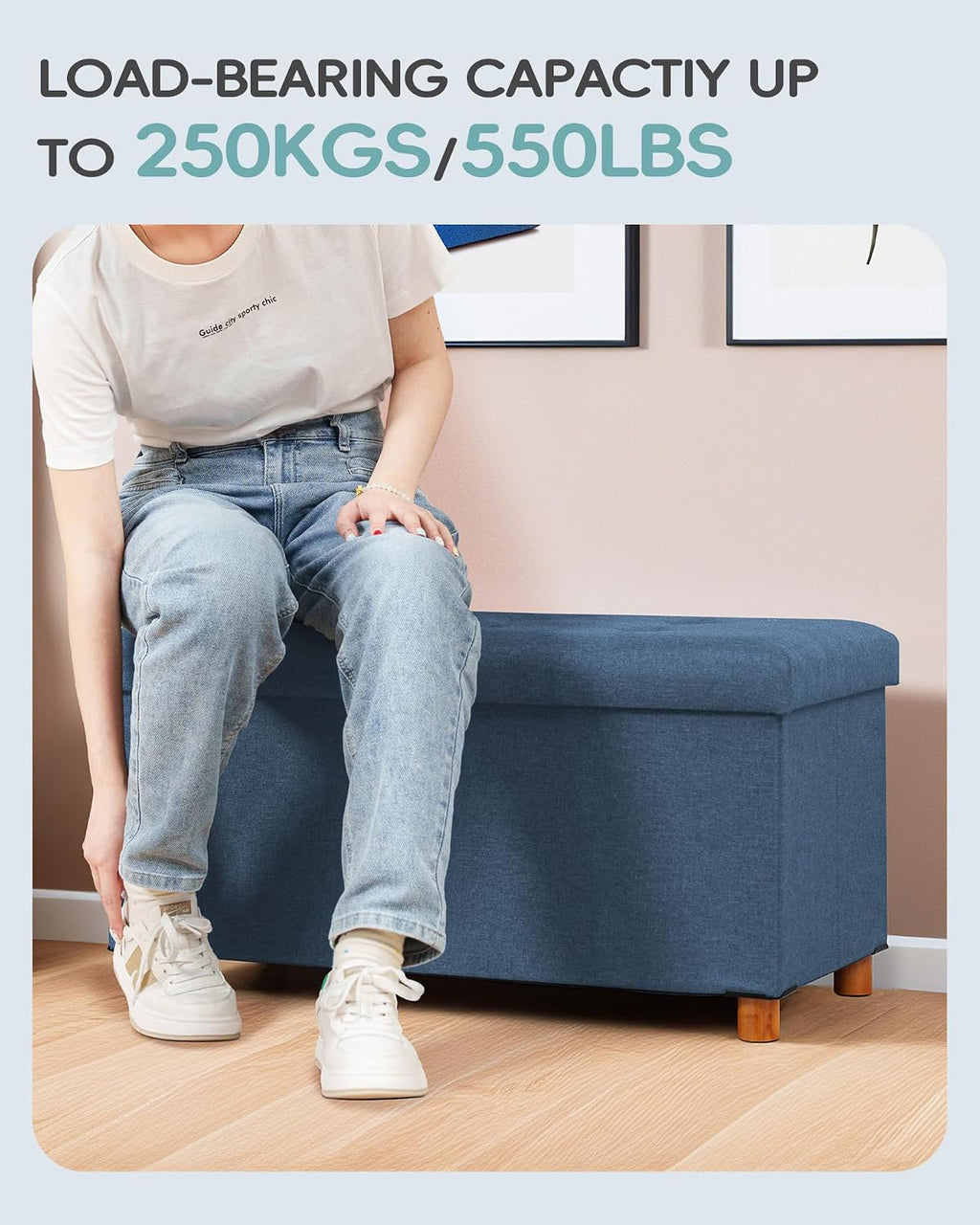 PINPLUS Storage Ottoman Cube, White Linen Footrest with Wooden Legs, Foldable Fabric Footrest, Comfortable Seat with Lid, Ottoman with Storage for Living Room, 30" x 15" x 15"，Blue