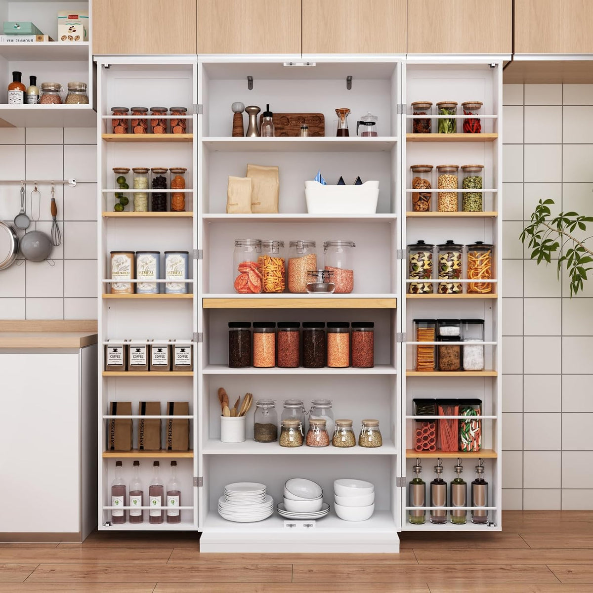 29.9x15.74x71.65Inches White Kitchen Pantry Cabinet, Freestanding Storage Cabinet with Doors & 3 Adjustable Shelves, Buffet Cupboards Sideboard for Kitchen Living Room Dining Room