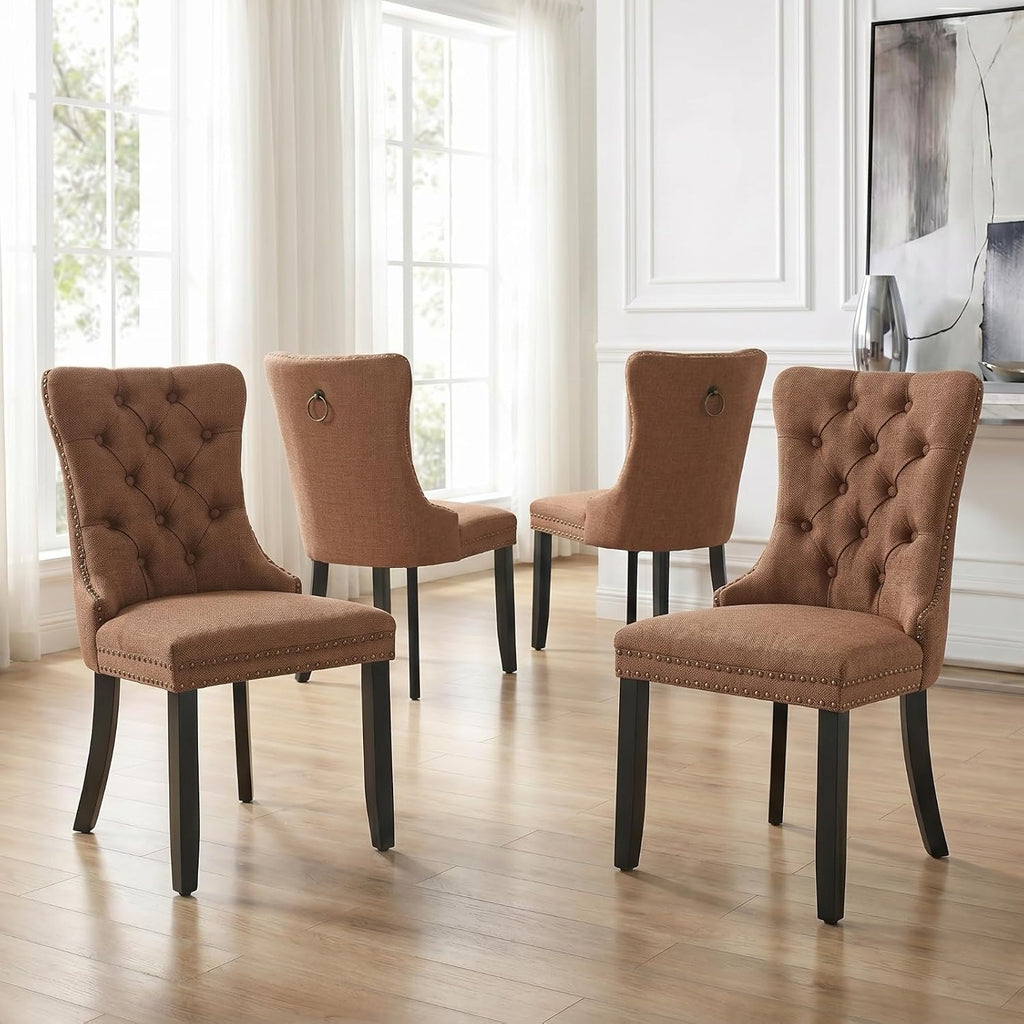 Espresso Brown Mid Century Modern Dining Chairs Set of 4, Linen Upholstered Kitchen & Dining Room Chairs with Nailhead Trim & Solid Wood Legs, Elegant Sillas De Comedor (Coffee, 4 Pcs)