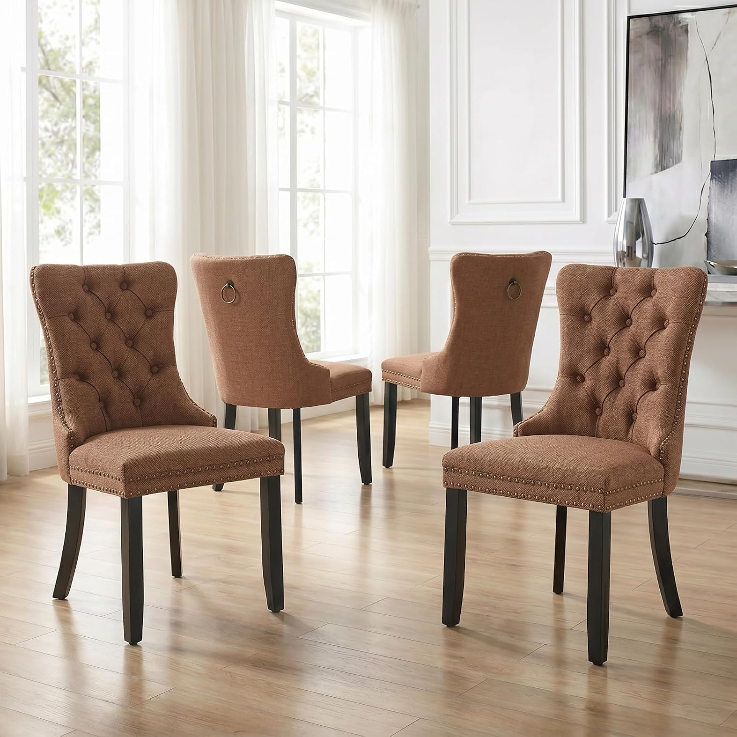 Espresso Brown Mid Century Modern Dining Chairs Set of 4, Linen Upholstered Kitchen & Dining Room Chairs with Nailhead Trim & Solid Wood Legs, Elegant Sillas De Comedor (Coffee, 4 Pcs)