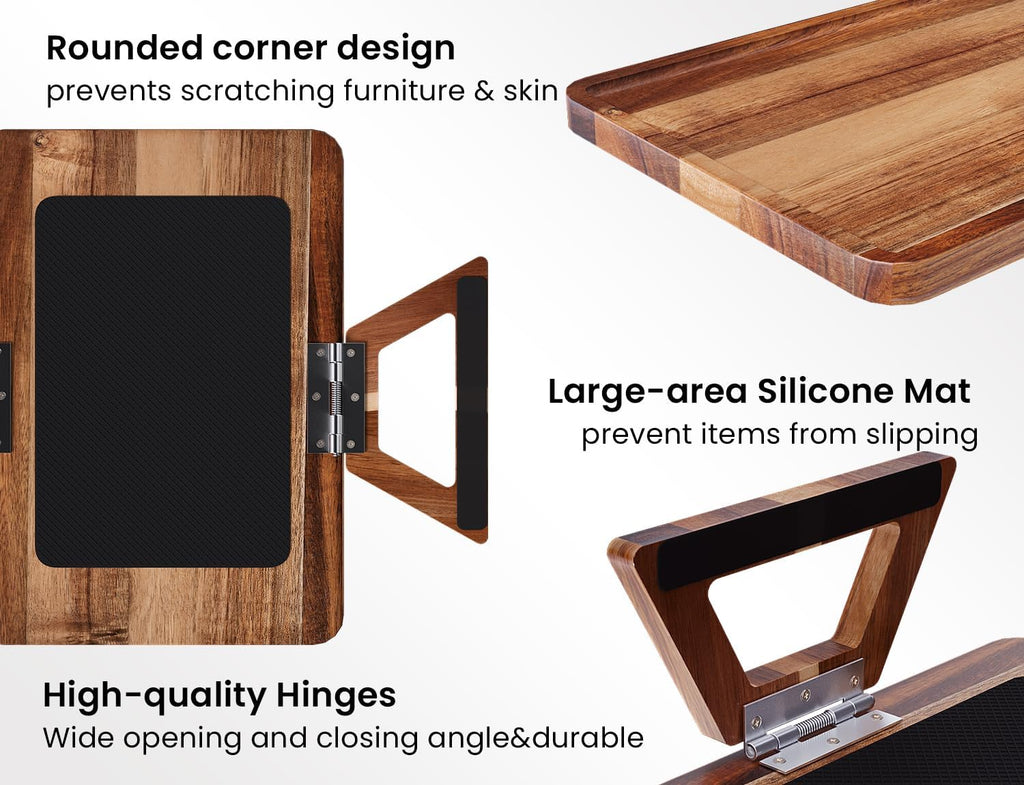 2 Pack Acacia Wood Couch Arm Tray,Couch Tray,Folding Sofa Armrest Trays,Couch Arm Table Clip-On Couch Desk for Drinks,Snacks,Phone,Remote Control