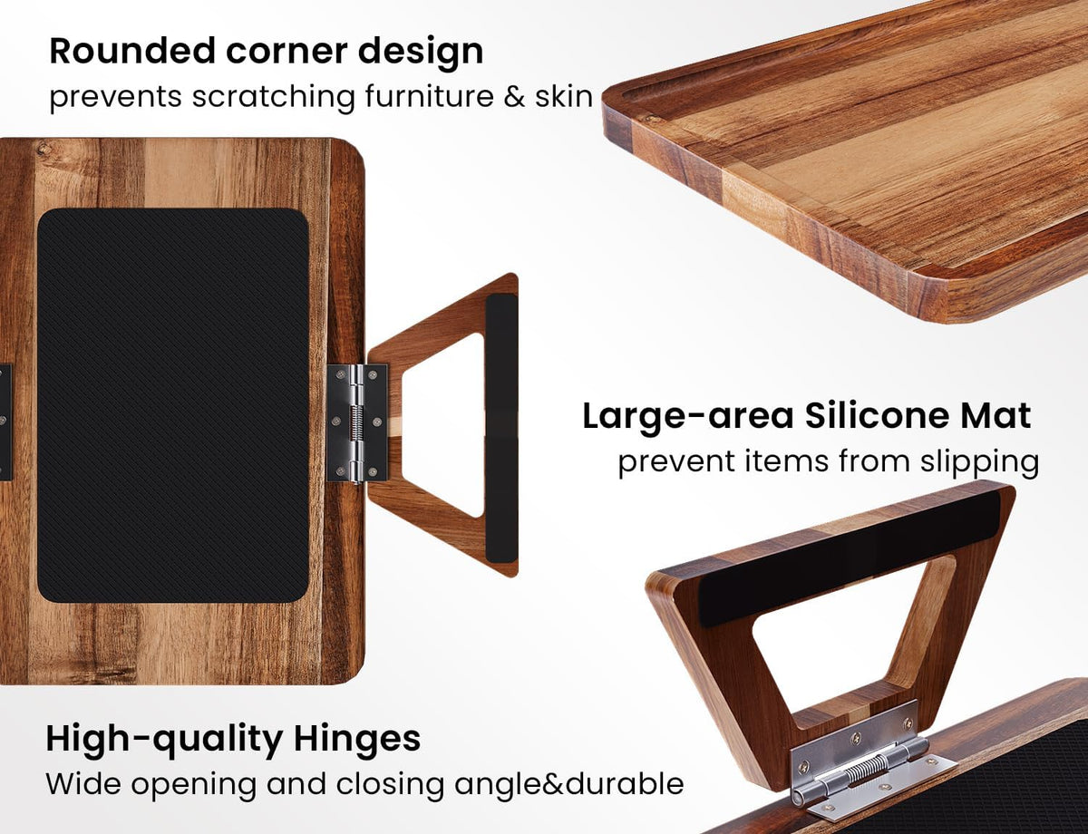 2 Pack Acacia Wood Couch Arm Tray,Couch Tray,Folding Sofa Armrest Trays,Couch Arm Table Clip-On Couch Desk for Drinks,Snacks,Phone,Remote Control