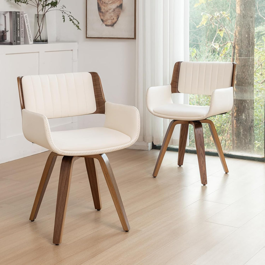 LUNLING Swivel Accent Faux Leather Dining Chairs Set of 2 Mid Century Modern Chairs with Wooden Legs/Armrest/Upholstered Seat/Adjustable Foots for Kitchen Dining Room Desk Chairs Beige PU