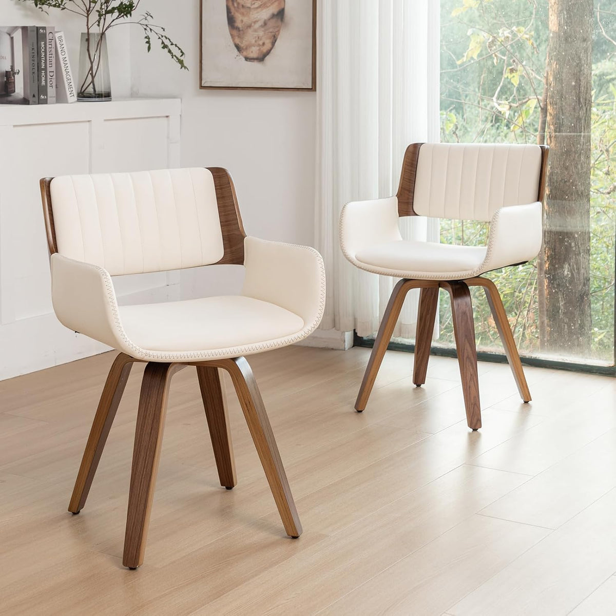 LUNLING Swivel Accent Faux Leather Dining Chairs Set of 2 Mid Century Modern Chairs with Wooden Legs/Armrest/Upholstered Seat/Adjustable Foots for Kitchen Dining Room Desk Chairs Beige PU