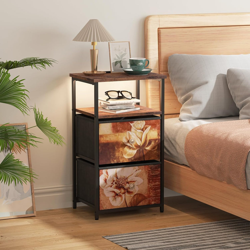 ALBAD Nightstand with Charging Station and LED Lights, Brown Flower Drawers | End Table with USB Ports and Outlets, 2 Fabric Drawers and Open Top Shelf, for Bedroom Bedside, Living Room, Dorm