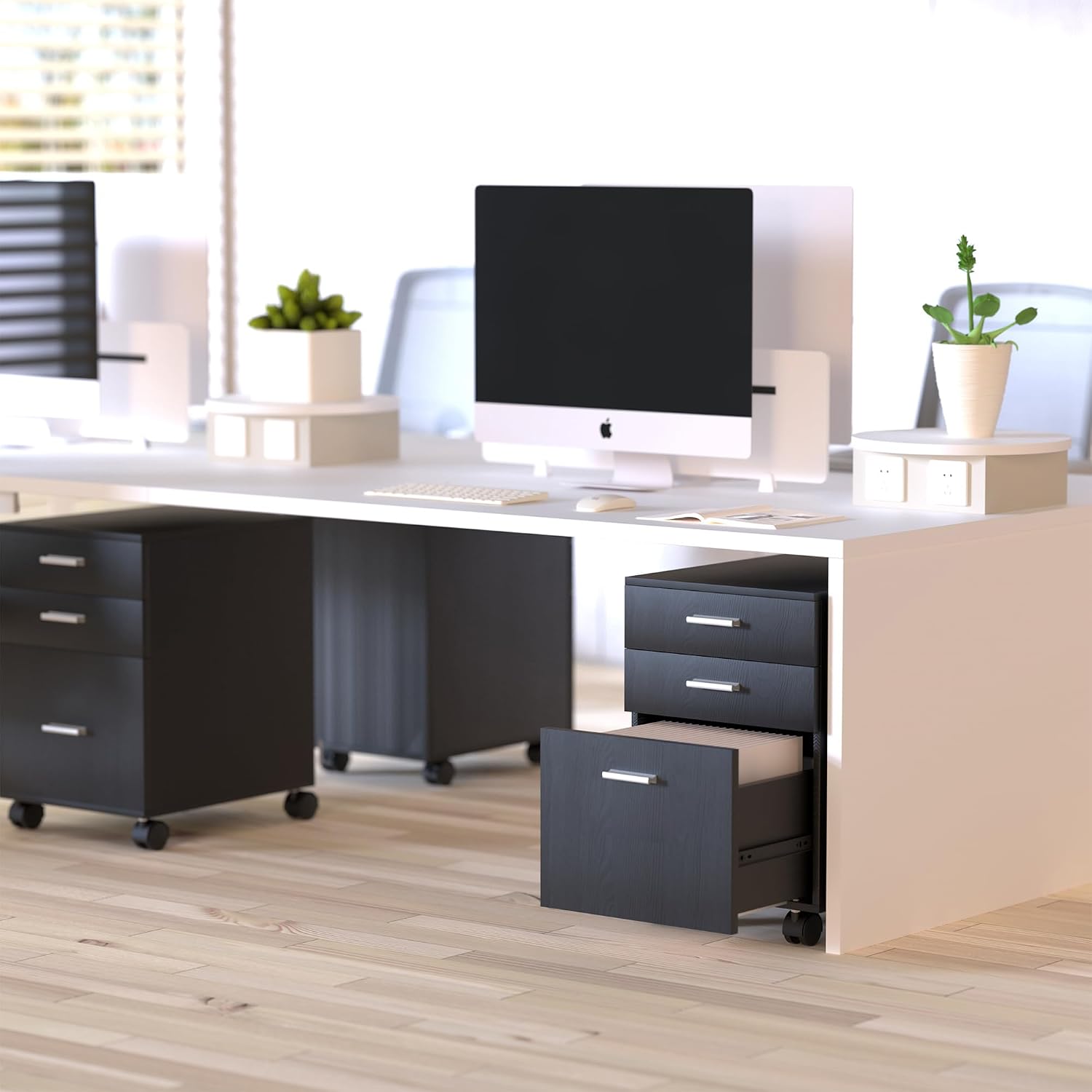 3 Drawer Storage Cabinet,Preassembled Black Wooden Organizer for Files,Under Desk Printer Stand,Mobile on Wheels,19" L x 16" W x 22" H