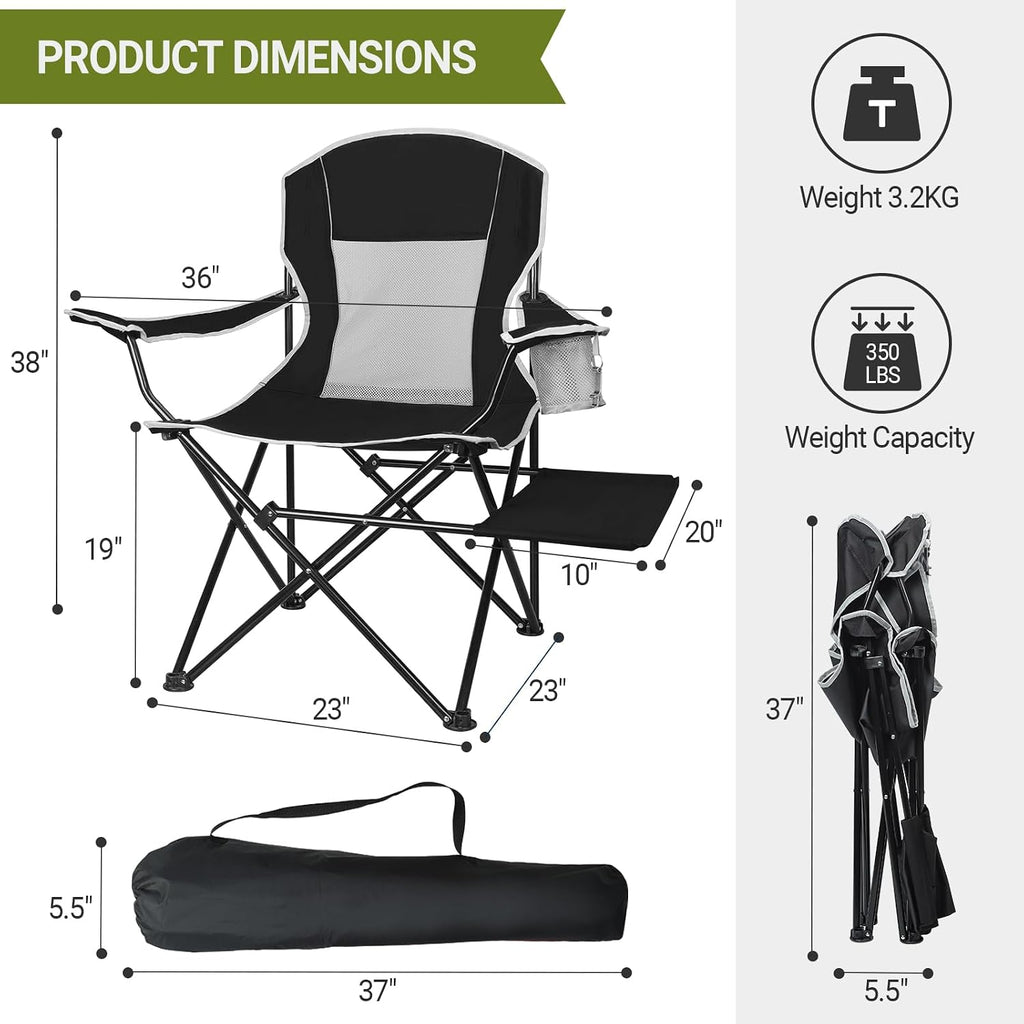 XGEAR 2-Pack Camping Chairs 350LBS Heavy Duty Folding Chair with Side Table | Portable, Sturdy, With Cup Holder, Collapsible for Tailgating, Beach, Fishing, Backyard, Black
