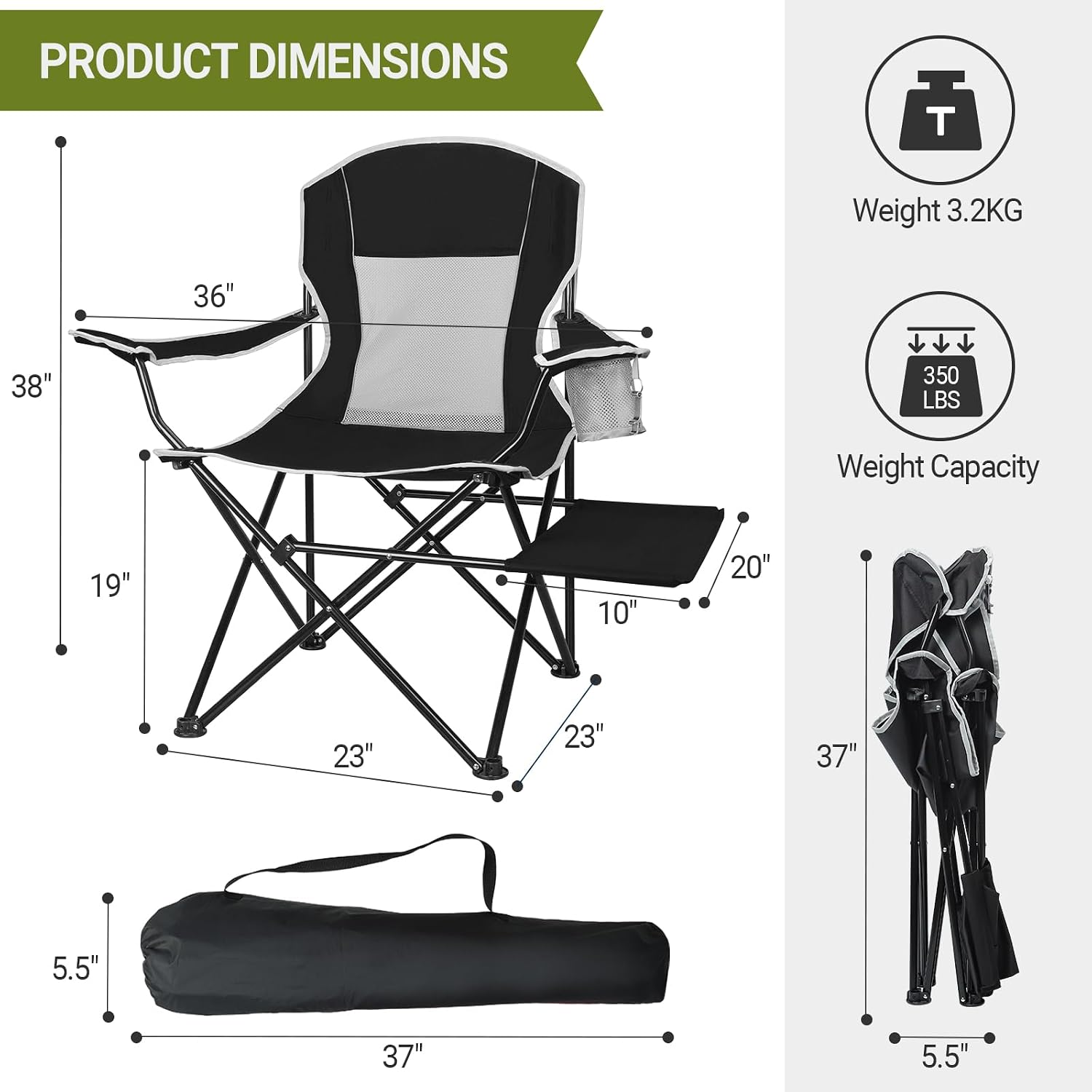 XGEAR 2-Pack Camping Chairs 350LBS Heavy Duty Folding Chair with Side Table | Portable, Sturdy, With Cup Holder, Collapsible for Tailgating, Beach, Fishing, Backyard, Black