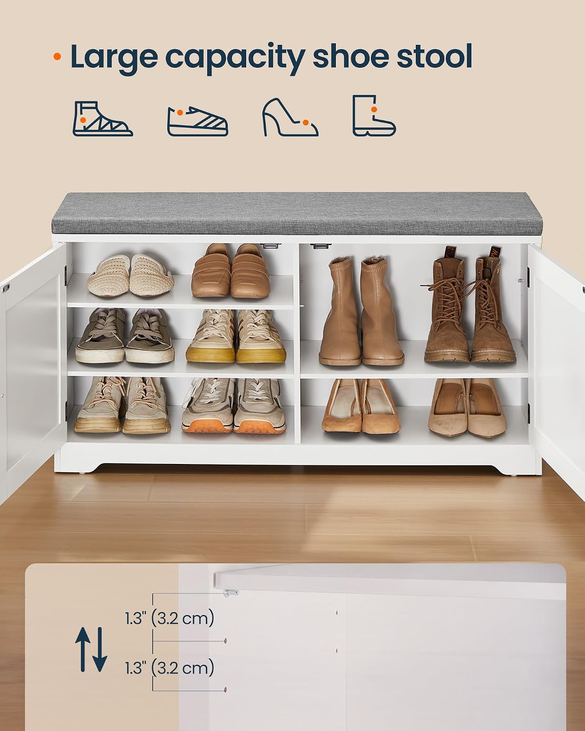 SONGMICS HOME 3-Tier Entryway Bench, Shoe Bench with Padded Seat, for Hallway, Bedroom, 14.2 x 40 x 20.9 Inches, White and Gray
