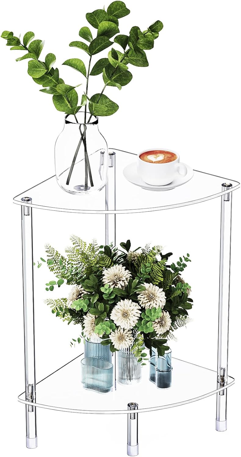 Clear Triangle Acrylic Side Table for Small Space, 11.81" L x 11.81" W x 19.82" H, 2-Tier Corner Shelf Stand End Table for Living Room Bedroom, Corner Display Rack Storage Shelf for Bathroom