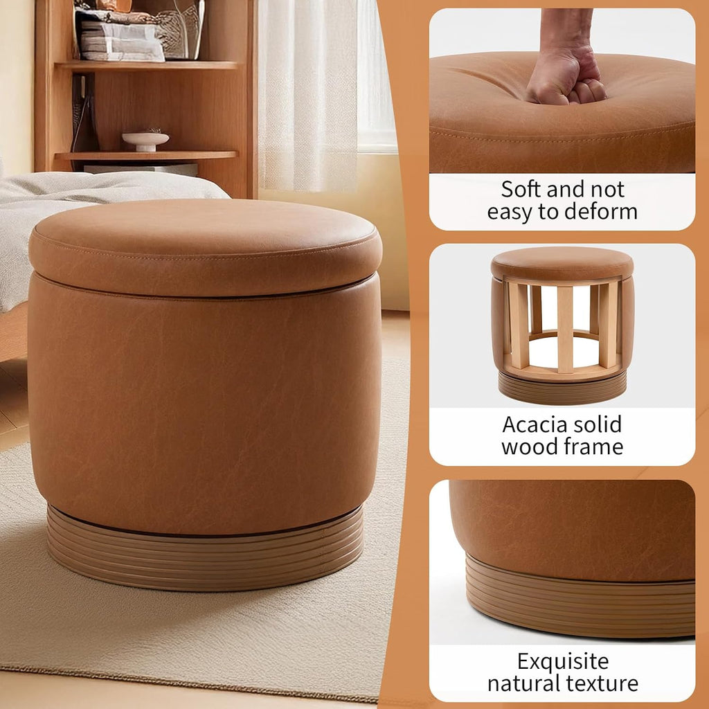 19" Round Swivel Storage Ottoman with Tray Top, Upholstered Faux Leather Foot Stool with Solid Acacia Wood Base 500 lbs Modern Accent Footrest for Living Room & Bedroom Fully Assembled Brown