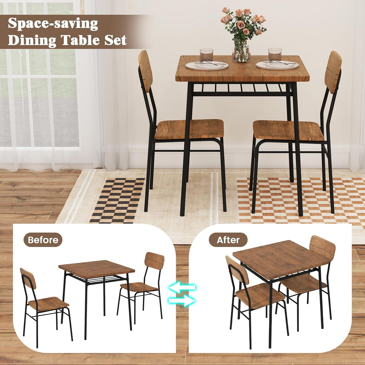 Giantex 3-Piece Dining Table Set, Kitchen Table Chairs Set with Dinner Table, Storage Rack, Metal Frame, Space-Saving Dinette Set for Breakfast Nook, Small Places, Restaurant, Dining Room Set for 2
