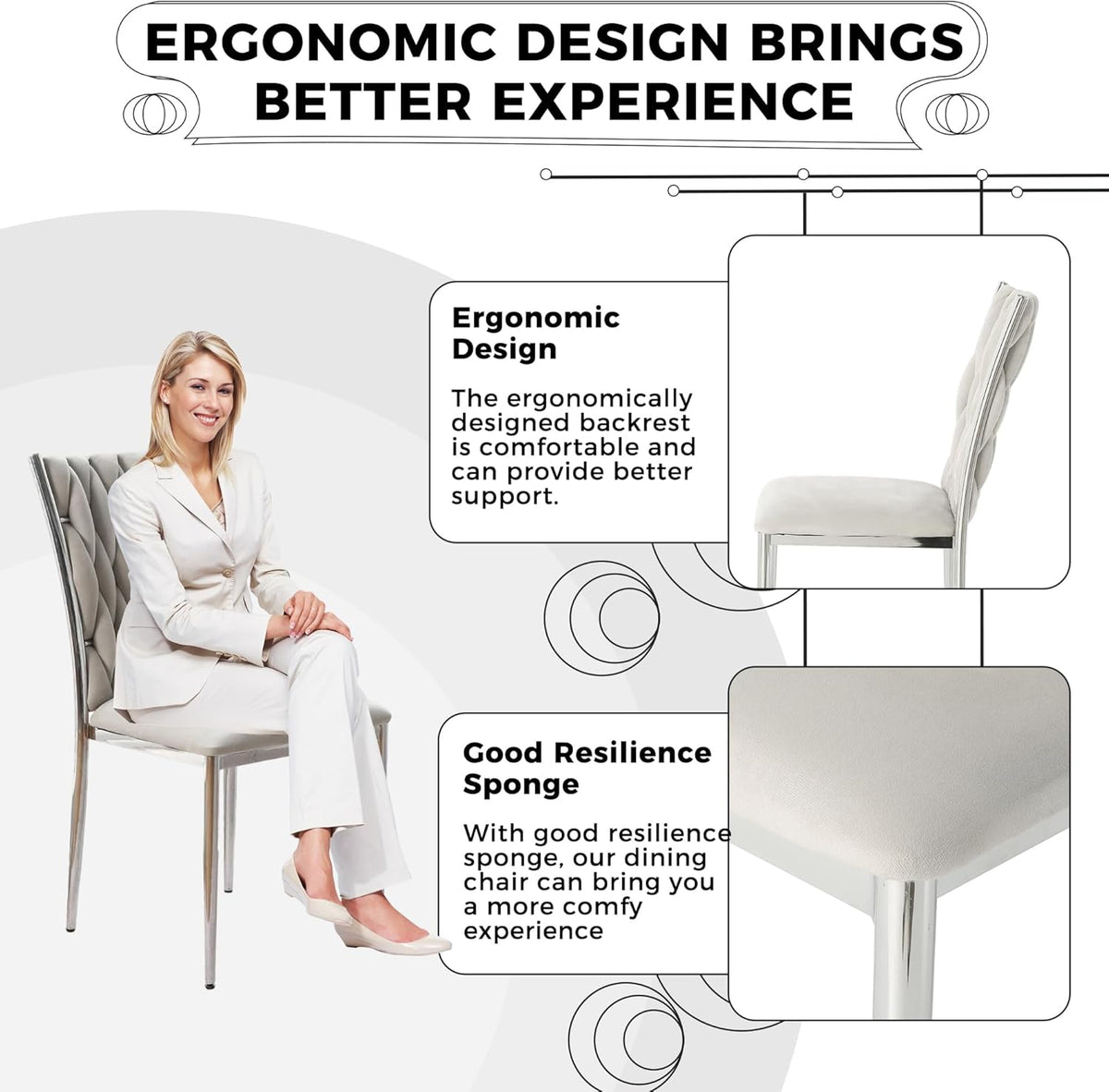 Velvet Dining Chairs Set of 6, Modern Woven Kitchen Chairs with Silver Metal Legs, Upholstered Cushion with High Back, Dirt Resistance, Easy to Install, for Living Room, Dining Room - Light Grey