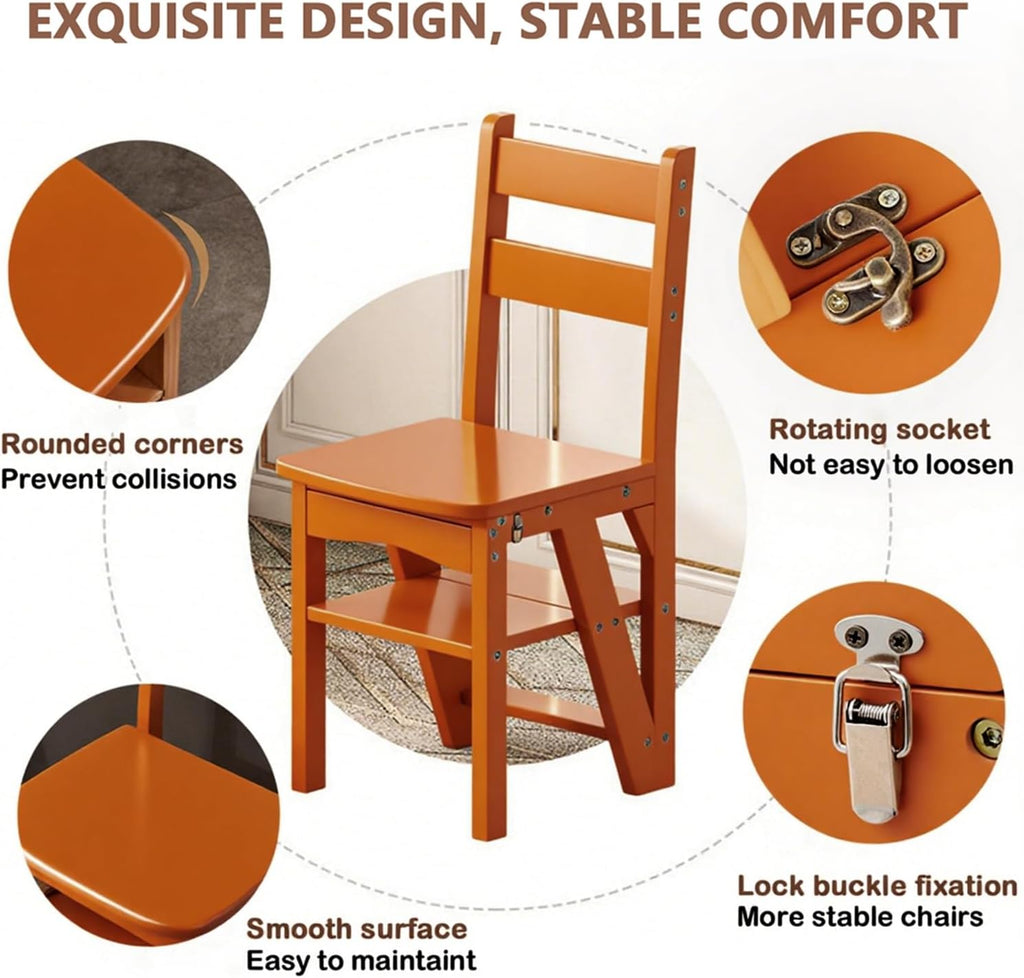 Solid Wood 3-in-1 Folding Ladder Chair, Convertible Step Stool & Display Rack, 4-Tier Multi-Functional Ladder, Dual Purpose for Home, Kitchen, Library, 265 lbs Capacity (Brown)