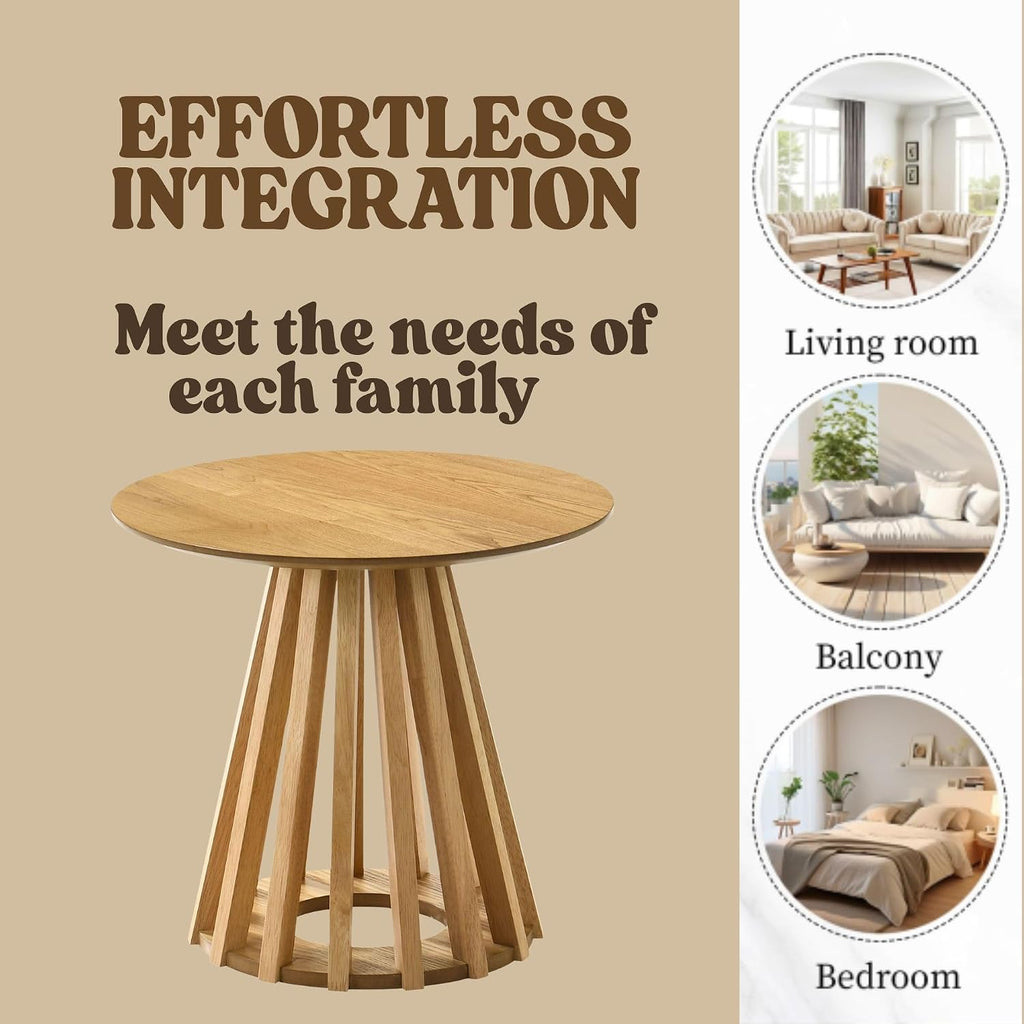 HNY Modern Round Fluted End Table, Wood Pedestal Side Table, Drum Accent Bedside Drink Tables for Living Room Bedroom Small Space Couch, Natural