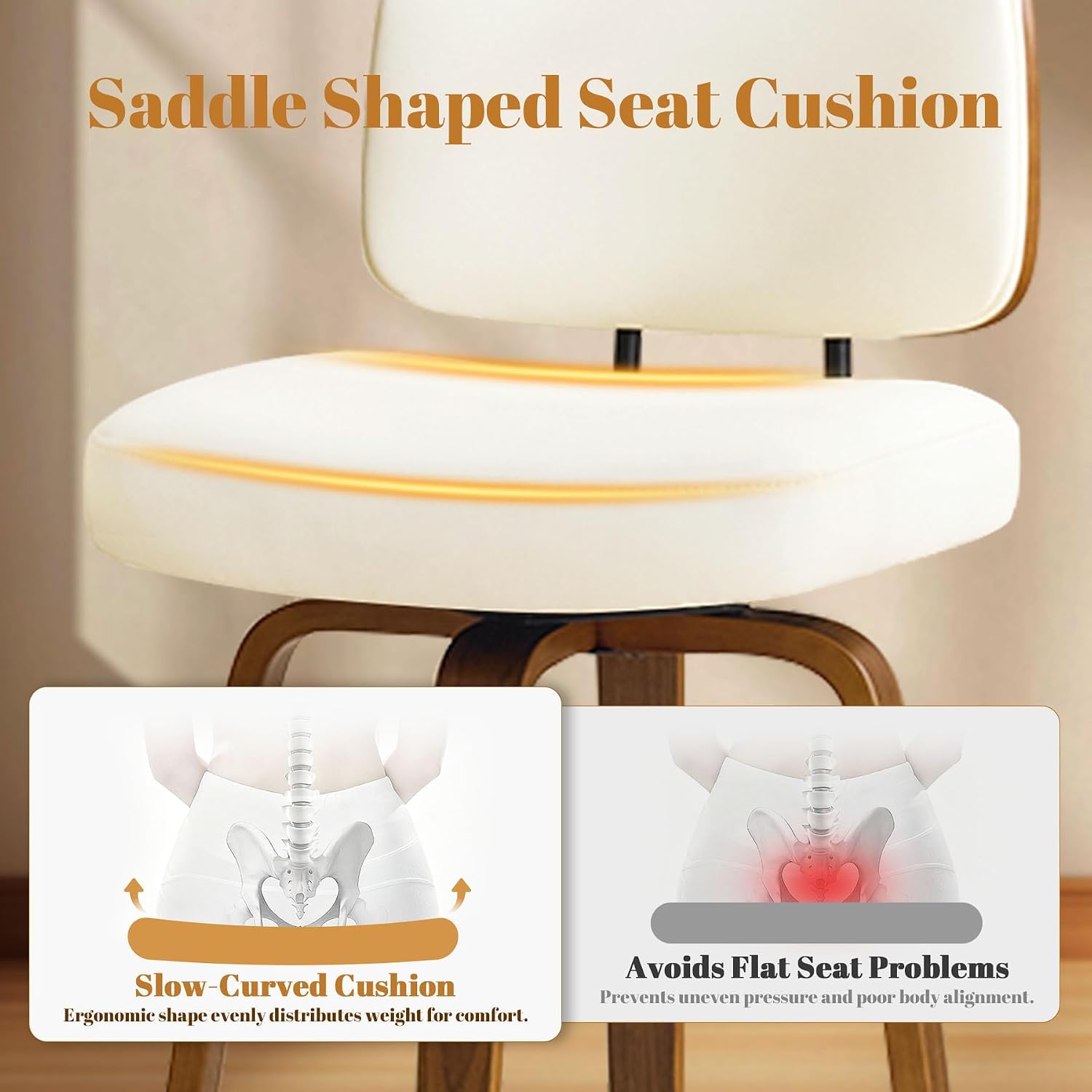 Counter Height Bar Stools Set of 3, 26+inch Swivel Faux Leather Barstool with Back, Upholstered Mid-Century Modern Bar Chairs with Bent Wood Legs for Kitchen Counter, Dining Room, Cream White