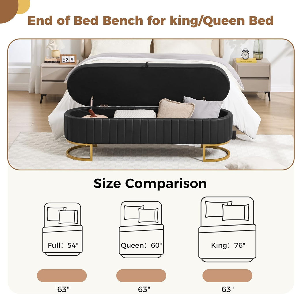 Storage Ottoman Bench, 63" Faux Leather End of Bed Bench Bedroom Bench King Size with Golden Metal Legs, Upholstered Storage Bench for Bedroom Living Room Entryway and Window, Black