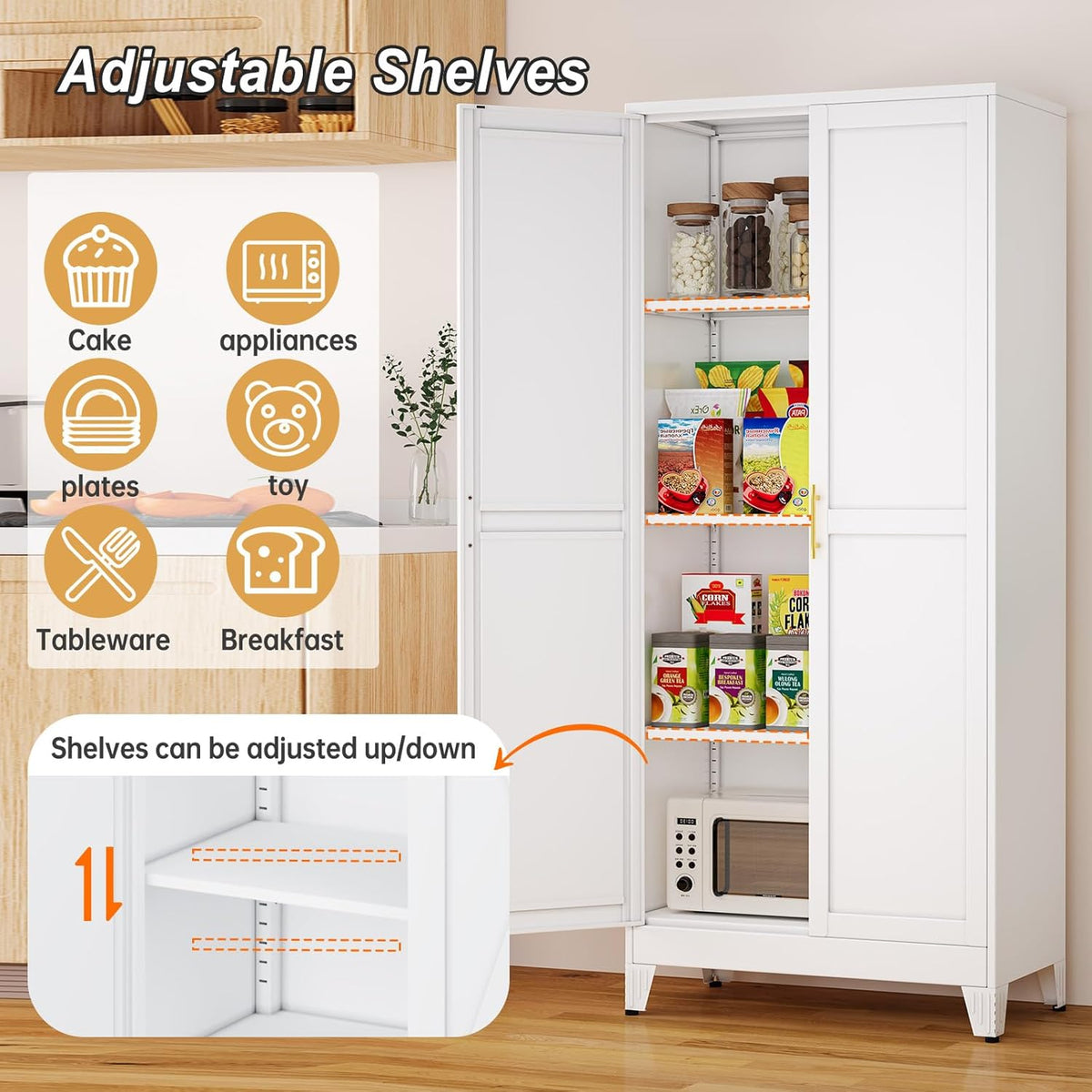 Winiowa Metal Pantry Cabinet with 2 Doors and Adjustable Shelves - 61" Kitchen Storage Cabinet with Gold Handles - Versatile Storage for Kitchen, Bathroom, Dining Room, Utility Room - White