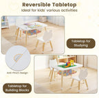Olakids Kids Table and Chair Set, 4 in 1 Wooden Building Blocks Activity Desk with Reversible Tabletop Storage Basket, Toddler Furniture for Crafts Learning Dining