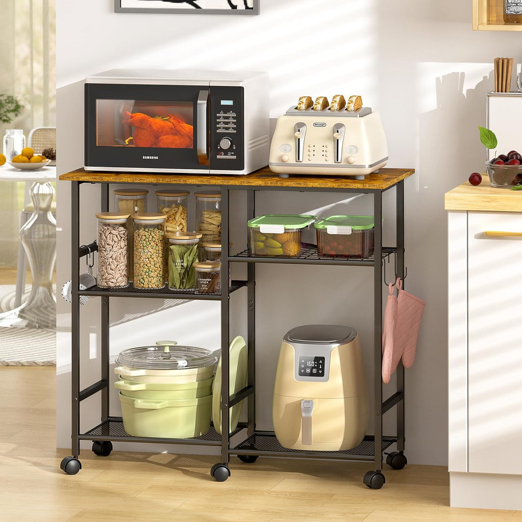 ThreeHio Rolling Kitchen Microwave Cart, 3-Tier Microwave Stand with Adjustable Shelf, Kitchen Storage Cart on Lockable Wheels, Coffee Bar Baker's Rack Organizer Shelf for Living Room, Office, Balcony