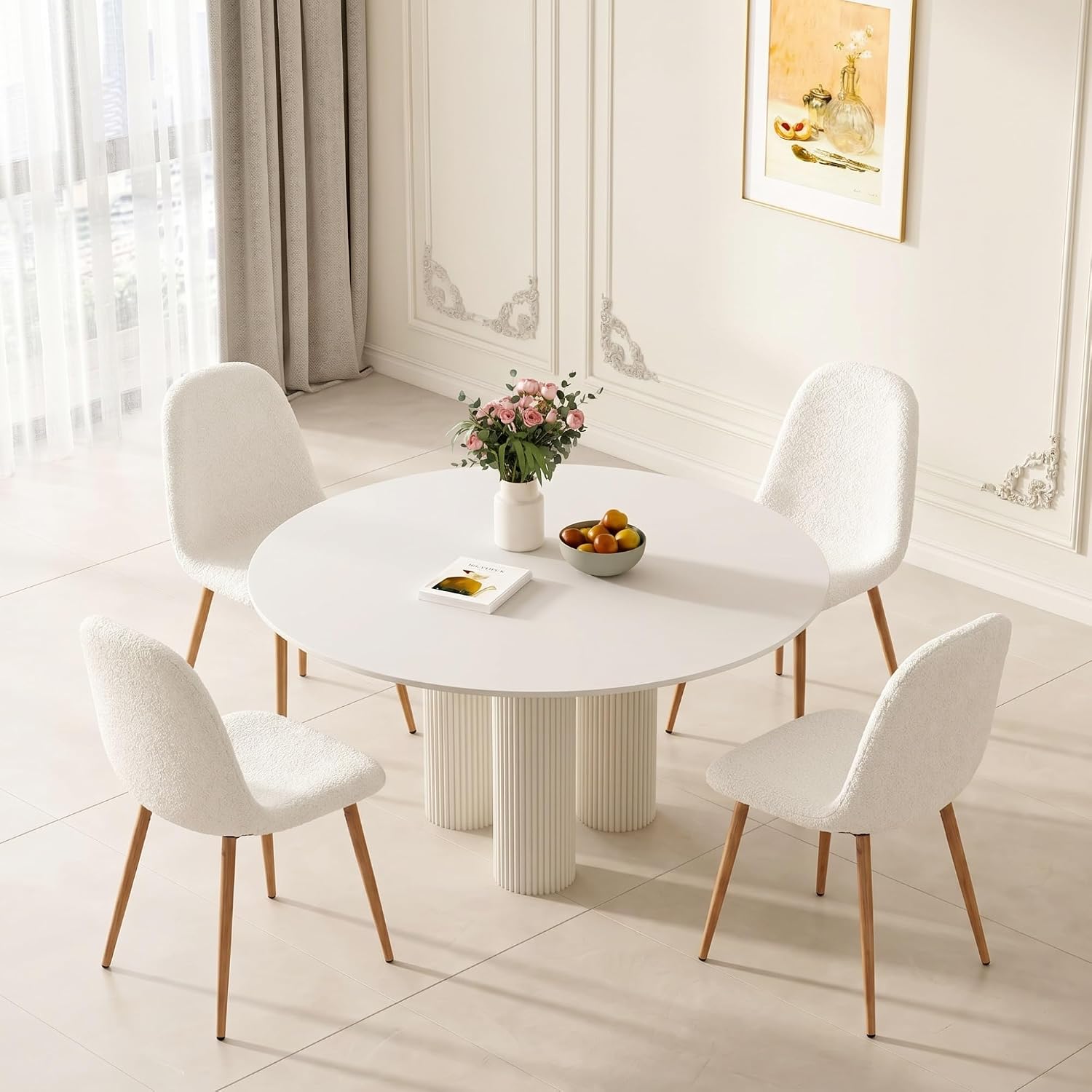 Dining Chairs Set of 4, Modern Upholstered Fabric Armless Side Dining Room Chairs for Small Kitchen, Living Room, Bedroom, White Teddy Fleece