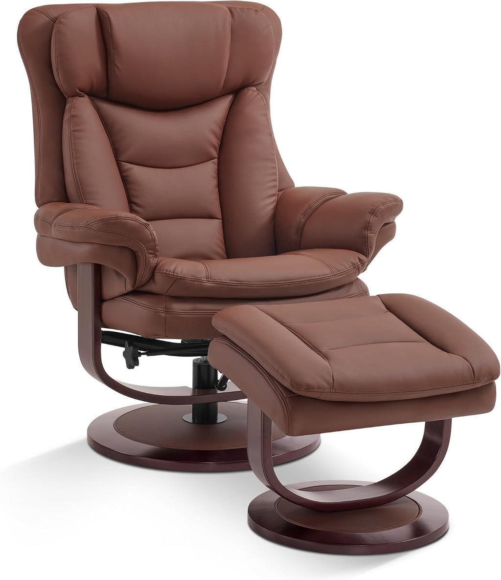 MCombo Oversized Swivel Recliner Chair with Ottoman, Adjustable Backrest, 360° Wood Base, High Seat, Faux Leather Lounge Chair for Tall Users in Living Room Office 4651 (Brown)