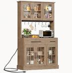 DWVO 71'' Tall Kitchen Pantry Storage Cabinet, Ivory Grey | Charge Station, Farmhouse Glass Display, Microwave Stand & Hooks & Drawers & Shelves, For Home Living Dining Room