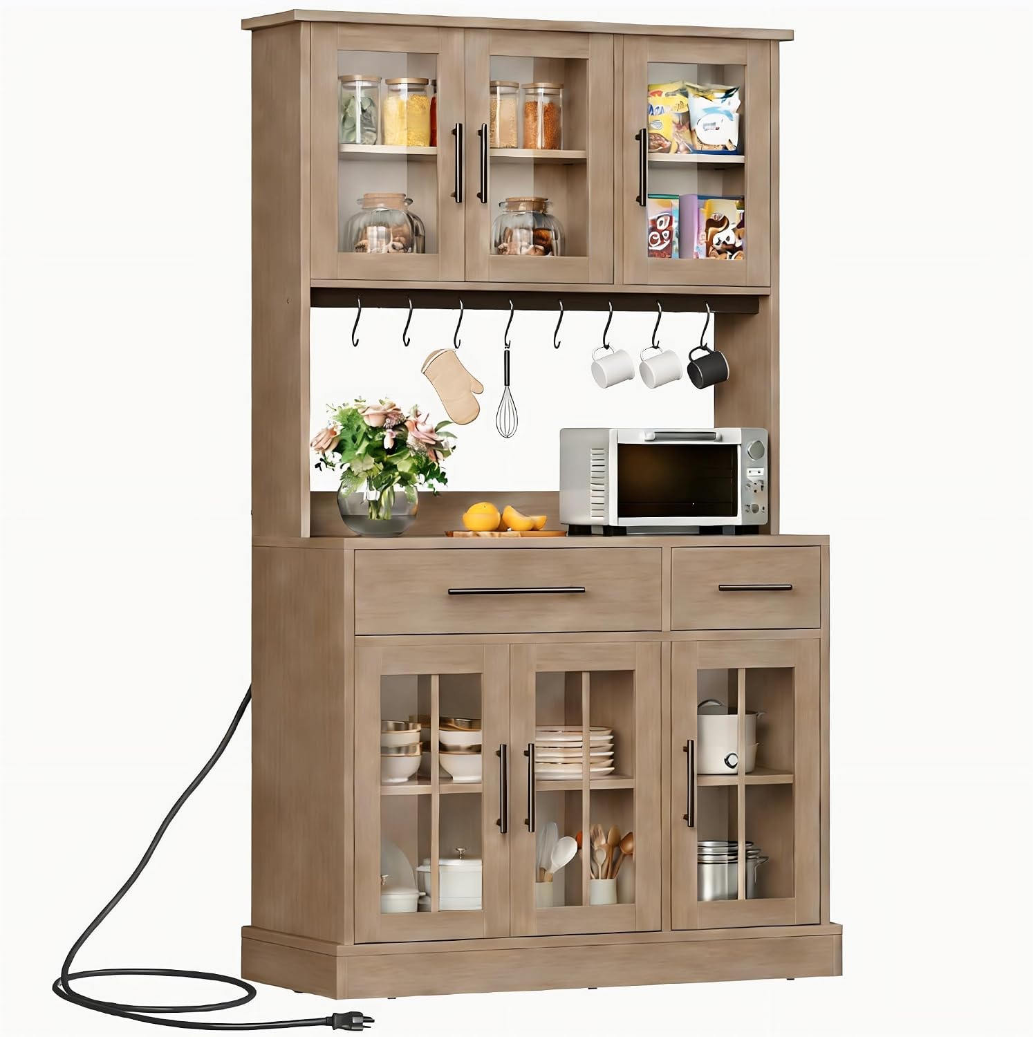 DWVO 71'' Tall Kitchen Pantry Storage Cabinet, Ivory Grey | Charge Station, Farmhouse Glass Display, Microwave Stand & Hooks & Drawers & Shelves, For Home Living Dining Room