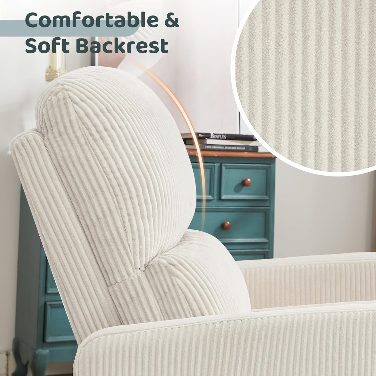 Swivel Rocker Recliner, Oversized Manual Nursery Glider Rocking Recliner Chair with Removable Cushion, Upholstered Corduroy Swivel Reclining Chair for Nursery Living Room Bedroom, Cream White