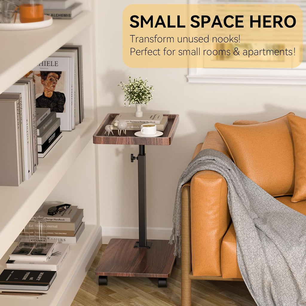 C Table End Table Adjustable Height, 360°Swivel TV Tray Table for Small Spaces, Couch Tables That slide under, C Shaped Side Tables living room and bedroom for Sofa, Bed,Chair, Snack (2, Walnut Brown)