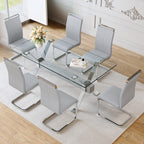 71" Glass Dining Table Set for 6｜Modern Dining Table Set for 6 with Faux Leather Chairs｜0.4" Thick Tempered Glass Tabletop｜Silver Chrome Metal Legs with Grey Crossbar｜Easy Assembly