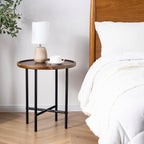 MyGift Round End Table, Premium Acacia Solid Wood End Table with 19 Inch Wooden Top and Black Metal Frame, Small Side Table for Home Living Room Bedroom Furniture