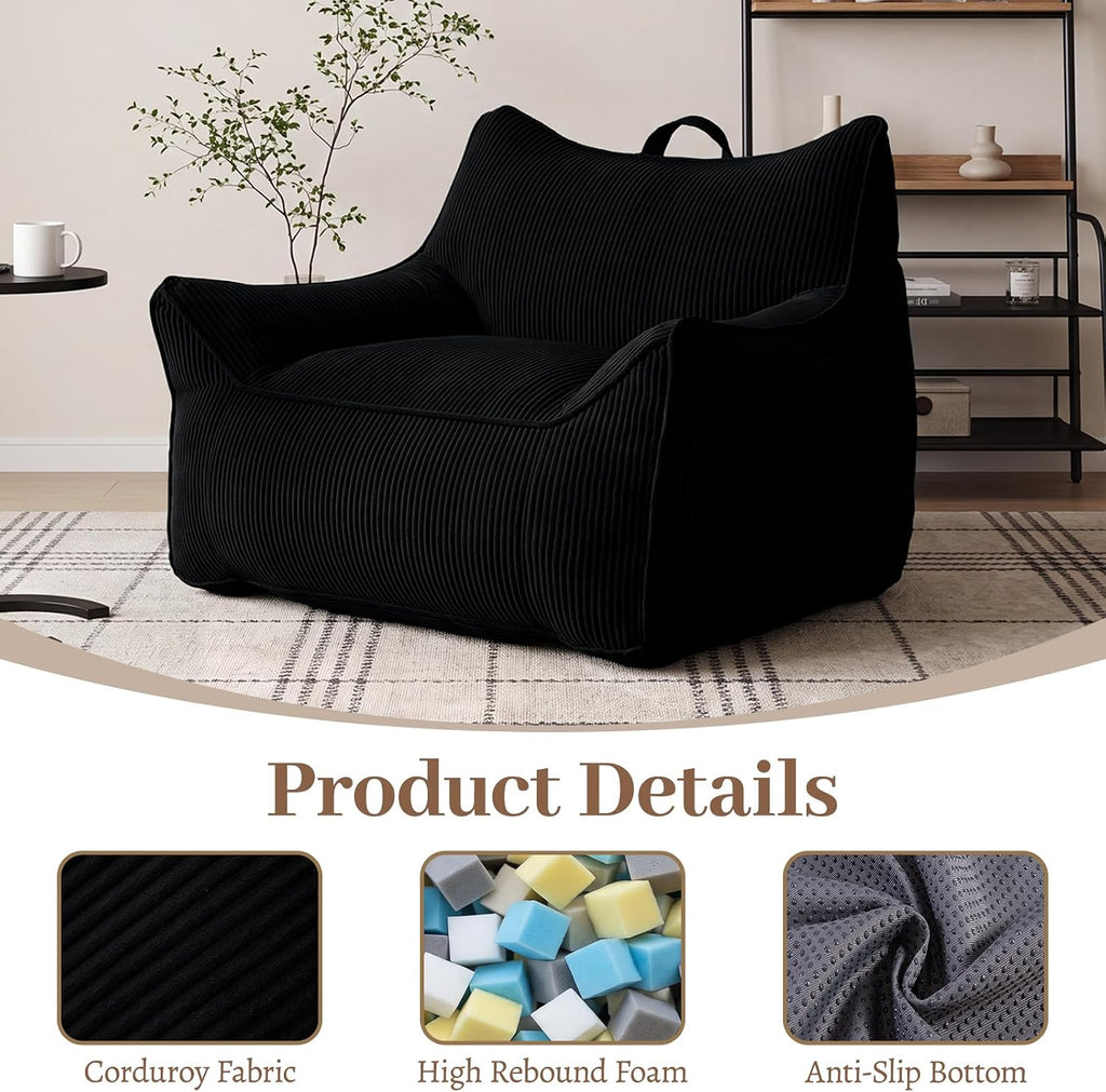 Vipbear Bean Bag Chair for Adults, Chair with Memory Foam | 35.5" Corduroy Beanbag Washable, Cozy Fluffy Chair with Pocket & Handle, Ergonomic Bedroom Sofa Chair for Gaming, Reading